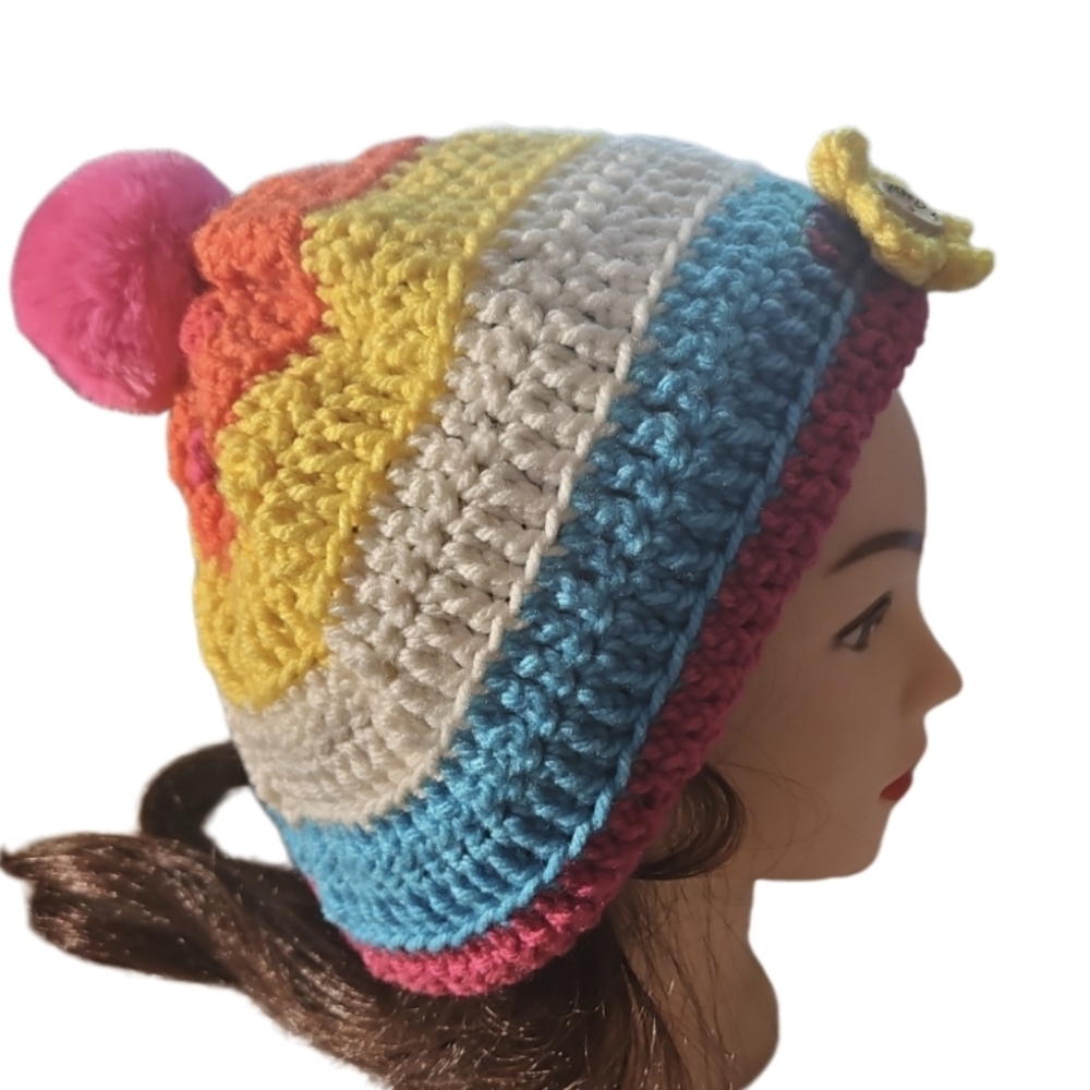 Hand Crafted Crochet Beanie Oversized Multicolored Pink pompom winter hat unique - Picture 4 of 17
